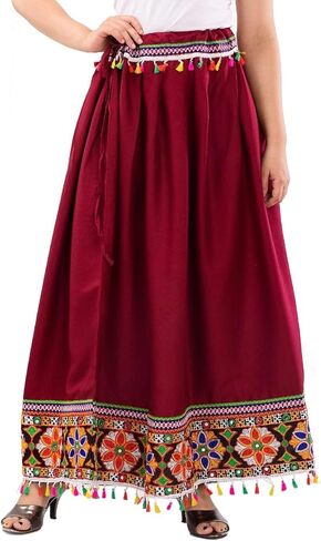 Women's Traditional Gujarati Embroidered Cotton Skirt – Mirror Work Lehenga, Free Size – Ethnic Long Skirt for Girls & Women in Saudi Arabia