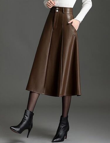 Womens Midi Leather Skirt High Waisted Fall Winter Vintage A Line PU Leather Ruffle Skirt in Saudi Arabia