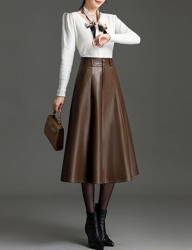 Womens Midi Leather Skirt High Waisted Fall Winter Vintage A Line PU Leather Ruffle Skirt in Saudi Arabia