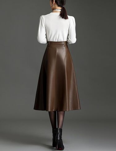 Womens Midi Leather Skirt High Waisted Fall Winter Vintage A Line PU Leather Ruffle Skirt in Saudi Arabia