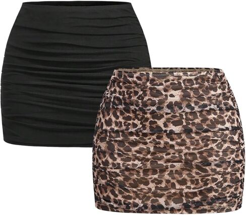 WDIRARA Women's 2 Pack Leopard Ruched Mini Skirt Low Rise Stretchy Bodycon Skirts in Saudi Arabia