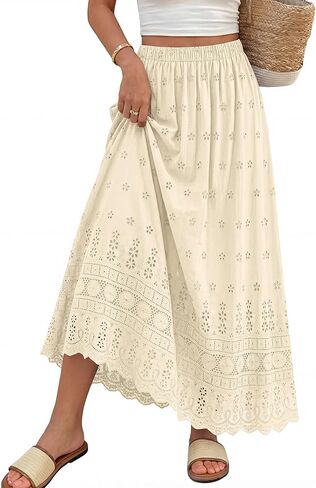 dowerme Women Summer Maxi Skirt Cute Elastic High Waist Boho Eyelet A-Line Cotton Flwoy Long Skirts Spring Clothes 2026 in Saudi Arabia