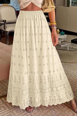 dowerme Women Summer Maxi Skirt Cute Elastic High Waist Boho Eyelet A-Line Cotton Flwoy Long Skirts Spring Clothes 2026 in Saudi Arabia