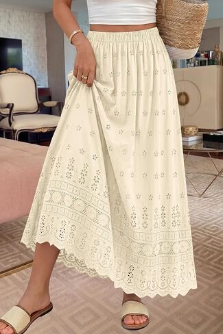 dowerme Women Summer Maxi Skirt Cute Elastic High Waist Boho Eyelet A-Line Cotton Flwoy Long Skirts Spring Clothes 2026 in Saudi Arabia