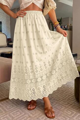 dowerme Women Summer Maxi Skirt Cute Elastic High Waist Boho Eyelet A-Line Cotton Flwoy Long Skirts Spring Clothes 2026 in Saudi Arabia
