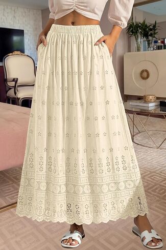 dowerme Women Summer Maxi Skirt Cute Elastic High Waist Boho Eyelet A-Line Cotton Flwoy Long Skirts Spring Clothes 2026 in Saudi Arabia