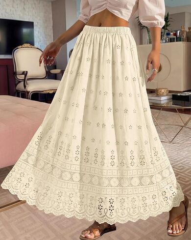 dowerme Women Summer Maxi Skirt Cute Elastic High Waist Boho Eyelet A-Line Cotton Flwoy Long Skirts Spring Clothes 2026 in Saudi Arabia