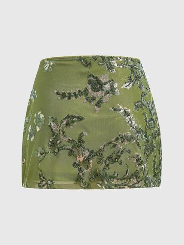 Women's Sequin Mini Skirt Glitter High Waisted Embroidered Mesh Party Skirts in Saudi Arabia