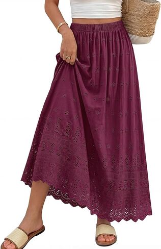 dowerme Women Summer Maxi Skirt Cute Elastic High Waist Boho Eyelet A-Line Cotton Flwoy Long Skirts Spring Clothes 2026 in Saudi Arabia