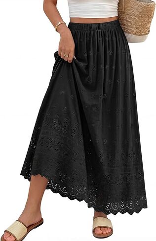 dowerme Women Summer Maxi Skirt Cute Elastic High Waist Boho Eyelet A-Line Cotton Flwoy Long Skirts Spring Clothes 2026 in Saudi Arabia