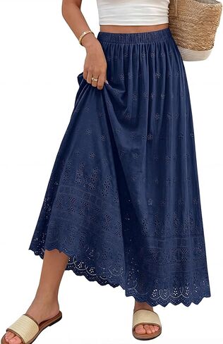dowerme Women Summer Maxi Skirt Cute Elastic High Waist Boho Eyelet A-Line Cotton Flwoy Long Skirts Spring Clothes 2026 in Saudi Arabia