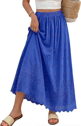dowerme Women Summer Maxi Skirt Cute Elastic High Waist Boho Eyelet A-Line Cotton Flwoy Long Skirts Spring Clothes 2026 in Saudi Arabia