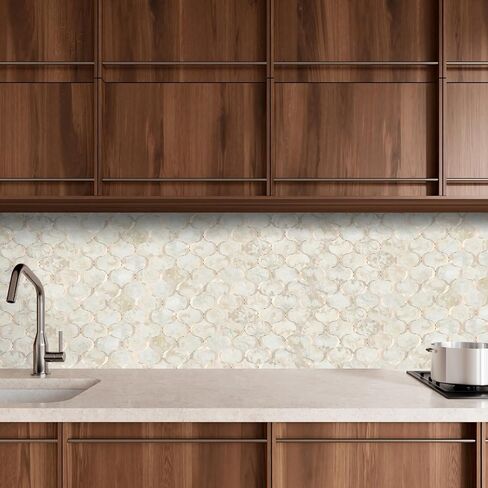 10 Sheet Arabesque Peel and Stick Backsplash Tile, Stick on Backsplash for Kitchen and Bathroom Wall, Ecru Beige Stone Look PVC Mixed Metal Aluminum in Kuwait