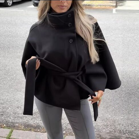 Womens Batwing Sleeve Poncho Peacoat Elegant Stand Collor Capes Jacket Cloak Fall Winter Shawl Outerwear in Saudi Arabia