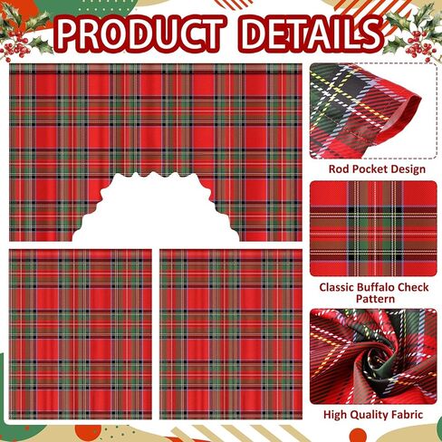 Christmas Kitchen Curtains 3 Pieces Set Red and Black Buffalo Plaid Window Curtains and Valance for Kitchen Home Bedroom Living Room Cafe Windows 60'' x 36'' Valance & 36'' x 30'' x 2 Panels in Kuwait