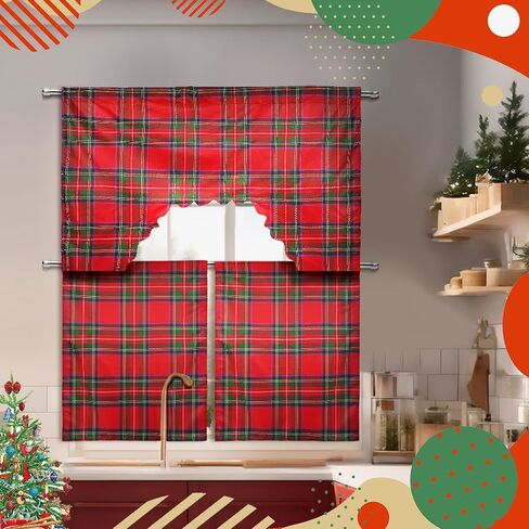 Christmas Kitchen Curtains 3 Pieces Set Red and Black Buffalo Plaid Window Curtains and Valance for Kitchen Home Bedroom Living Room Cafe Windows 60'' x 36'' Valance & 36'' x 30'' x 2 Panels in Kuwait