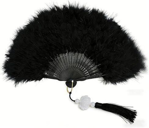 مروحة ريش كبيرة ممتازة محمولة باليد، طراز غاتسبي العتيق من العشرينيات من القرن العشرين، مروحة يد قابلة للطي قابلة للطي لحفلات الزفاف والرقص وحفلات الشاي والإكسسوارات التنكرية (أسود) in Kuwait