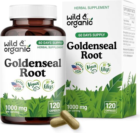 Wild & Organic Goldenseal Root Capsules 1000mg - Immune & Lung Support - 60 Goldenseal Root Powder Capsules - 30 Days Supply - Vegan, No Fillers, Non-GMO in Kuwait