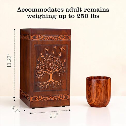 Handcarved Wooden Cremation Urn for Human Ashes Adult Men and Women, Tree of Life Engraved Design, 250 lbs Capacity, Decorative Funeral Urn Box with Satin Bag for Burial Memorial-Tree of Life in Kuwait