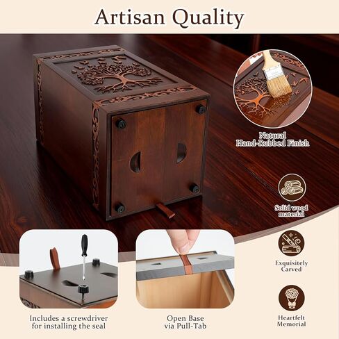 Handcarved Wooden Cremation Urn for Human Ashes Adult Men and Women, Tree of Life Engraved Design, 250 lbs Capacity, Decorative Funeral Urn Box with Satin Bag for Burial Memorial-Tree of Life in Kuwait