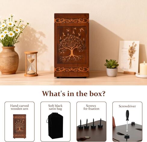 Handcarved Wooden Cremation Urn for Human Ashes Adult Men and Women, Tree of Life Engraved Design, 250 lbs Capacity, Decorative Funeral Urn Box with Satin Bag for Burial Memorial-Tree of Life in Kuwait
