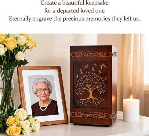 Handcarved Wooden Cremation Urn for Human Ashes Adult Men and Women, Tree of Life Engraved Design, 250 lbs Capacity, Decorative Funeral Urn Box with Satin Bag for Burial Memorial-Tree of Life in Kuwait