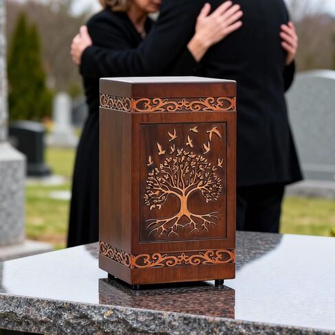 Handcarved Wooden Cremation Urn for Human Ashes Adult Men and Women, Tree of Life Engraved Design, 250 lbs Capacity, Decorative Funeral Urn Box with Satin Bag for Burial Memorial-Tree of Life in Kuwait