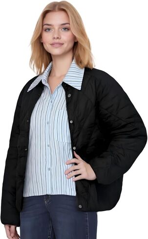 Women's Fall Black Quilted Stand Collar Jacket - Lightweight Polyamide Outerwear with Button Closure for Women in Saudi Arabia