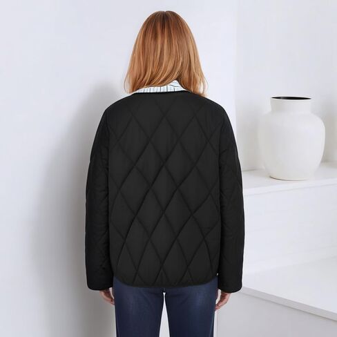 Women's Fall Black Quilted Stand Collar Jacket - Lightweight Polyamide Outerwear with Button Closure for Women in Saudi Arabia