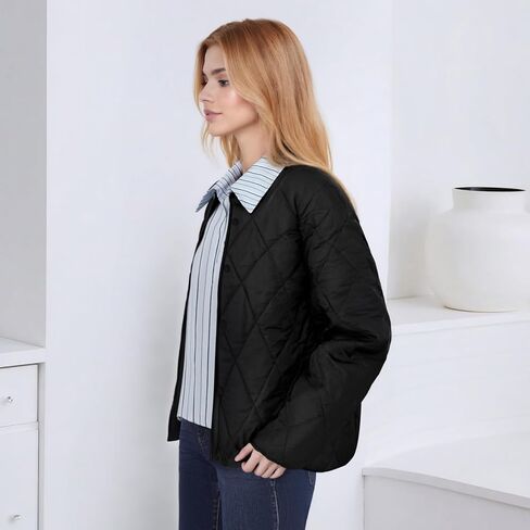 Women's Fall Black Quilted Stand Collar Jacket - Lightweight Polyamide Outerwear with Button Closure for Women in Saudi Arabia