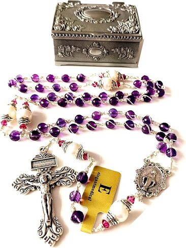 elegantmedical HANDMADE Gold Wire Wrapped Amethyst Beads &10mm Real Pearl Beads Rosary Cross/Crucifix Necklace Gift Box (Amethyst) in Saudi Arabia