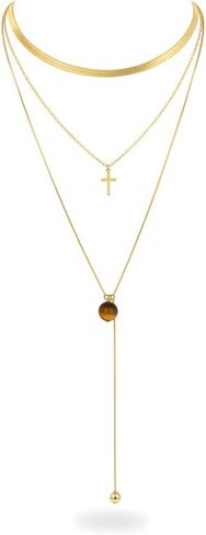 Layered Gold Cross Necklace for Women with Crystal Rhinestone Turquoise Tiger's Eye Stone Pendant, Pearl Drip Long Chain Necklace Stack Streetwear Jewelry Christmas Gifts in Saudi Arabia