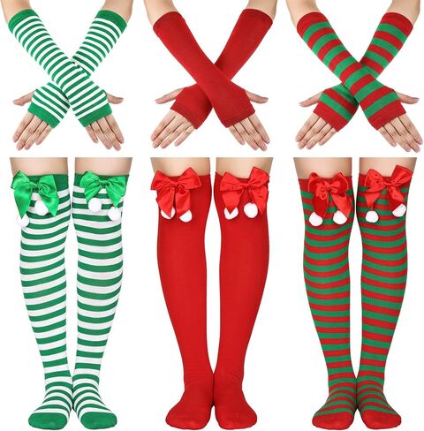 Coume 3 Sets Christmas Knee Thigh High Socks Arm Warmer Fingerless Gloves Xmas Striped Thigh High Stockings for Women Cosplay Party in Saudi Arabia