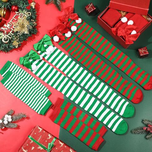 Coume 3 Sets Christmas Knee Thigh High Socks Arm Warmer Fingerless Gloves Xmas Striped Thigh High Stockings for Women Cosplay Party in Saudi Arabia
