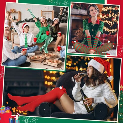 Coume 3 Sets Christmas Knee Thigh High Socks Arm Warmer Fingerless Gloves Xmas Striped Thigh High Stockings for Women Cosplay Party in Saudi Arabia