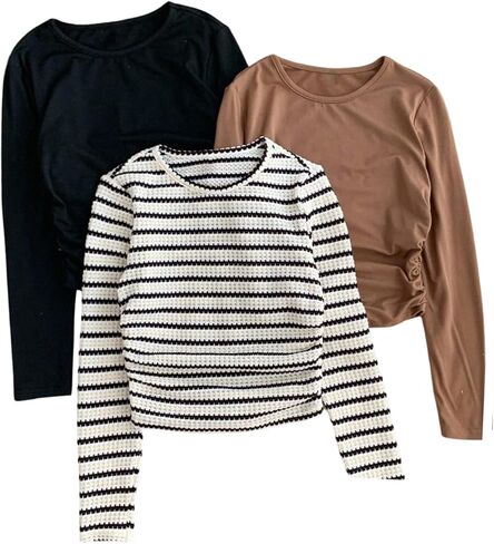 Girl's Striped T Shirts Long Sleeve Shirts Crew Neck Ruched Layer Basic Tees Fall Tops 3 Packs in Saudi Arabia