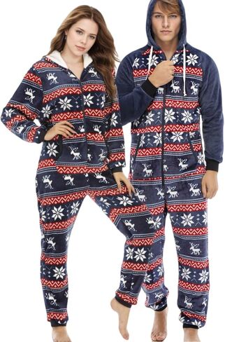 Christmas Onesie Pajamas for Couple, Flannel Fleece Hooded Onesies PJs Xmas One Piece Nightwear Sleepwear in Saudi Arabia