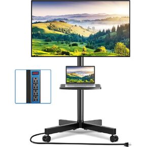 حامل تلفزيون متنقل مطور من Rfiver على عجلات مزود بمنفذ طاقة، عربة تلفزيون دوارة شديدة التحمل لأجهزة تلفزيون مقاس 32-85 بوصة يصل وزنها إلى 132 رطلاً، حامل تلفزيون أرضي محمول قابل للتعديل لغرف النوم والمكتب المنزلي in Kuwait