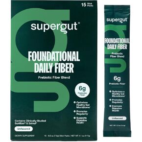 Supergut Foundational Daily Fiber, Vegan & Sugar Free Prebiotic Powder Blend for Gut Health & Digestive Support, Plant Based Supplement for Men & Women with 6g of Fiber, Unflavored, 15 Stick Packs in Saudi Arabia