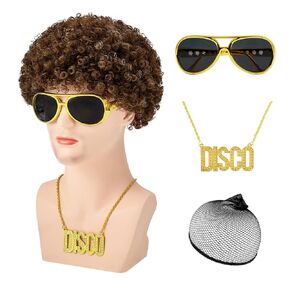 زي ديسكو للرجال من Zando Afro في السبعينيات - مجموعة 4 قطع (شعر مستعار + نظارات + قلادة ديسكو + قبعة شعر مستعار) شعر صناعي طبيعي قصير أسود مجعد في السبعينيات من الثمانينيات لزي الهيبيين التنكرية لحفلات الهالوين in Saudi Arabia