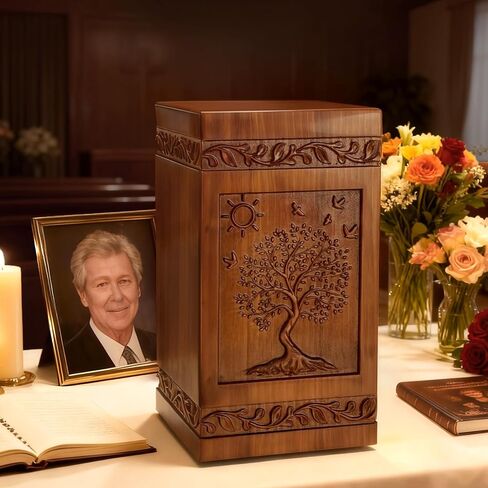 Handcarved Wooden Cremation Urn for Human Ashes Tree of Life Design Decorative Funeral Urns Casket Box Suitable for Adult Men Women Burial or Memorial Keepsake （250 lbs Capacity） in Saudi Arabia