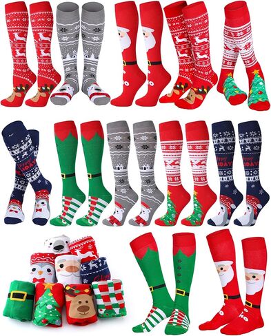 12 Pairs Christmas Knee High Socks for Women Men Bulk Novelty Stocking Xmas Pattern Long Socks for Holiday Gift Party Favors in Saudi Arabia