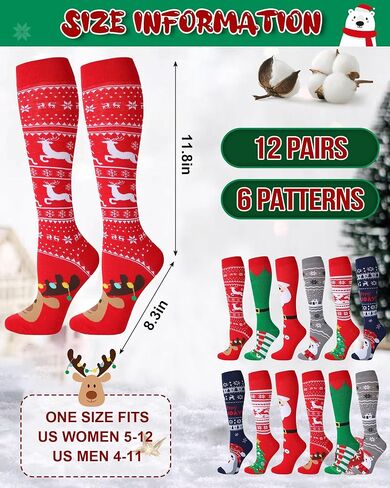 12 Pairs Christmas Knee High Socks for Women Men Bulk Novelty Stocking Xmas Pattern Long Socks for Holiday Gift Party Favors in Saudi Arabia