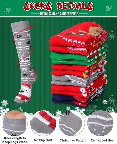 12 Pairs Christmas Knee High Socks for Women Men Bulk Novelty Stocking Xmas Pattern Long Socks for Holiday Gift Party Favors in Saudi Arabia