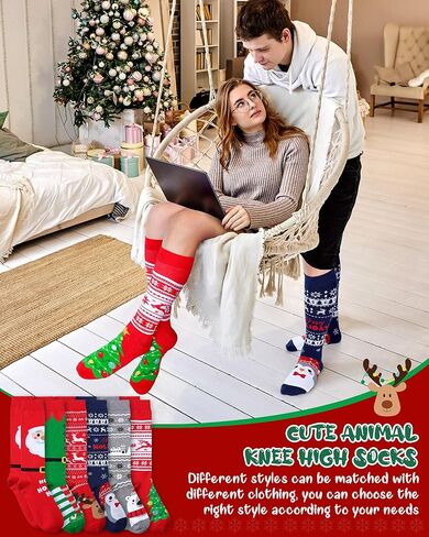 12 Pairs Christmas Knee High Socks for Women Men Bulk Novelty Stocking Xmas Pattern Long Socks for Holiday Gift Party Favors in Saudi Arabia