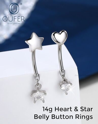 OUFER 14G حلقات زر البطن، حلقات بطن فولاذية جراحية مضادة للحساسية للنساء، مجوهرات ثقب السرة الملولبة داخليًا، حلقات سرة متدلية على شكل قلب/نجمة منحنية in Kuwait