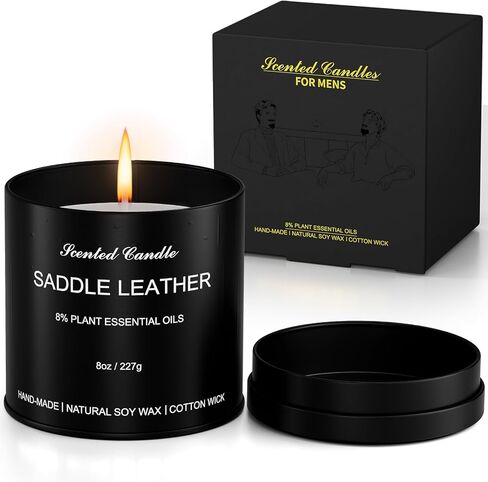 شموع معطرة للرجال - شموع جلدية سرج 8oz هدايا للرجال، شمع الصويا الطبيعي، فتيل القطن، عيد الميلاد، عيد الميلاد، هدية الذكرى السنوية، عيد الحب in Kuwait