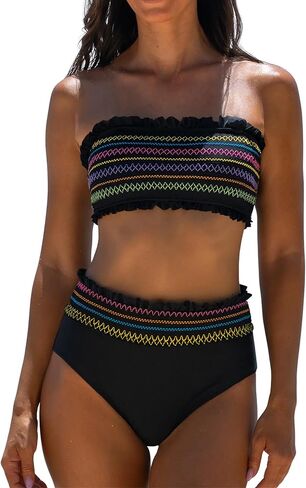 popvil Bandeau High Waisted Bikini Sets for Women Two Piece Smocked Swimsuit with Removable Straps Bathing Suit in Kuwait