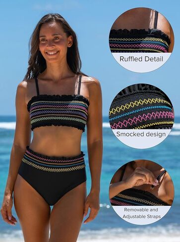 popvil Bandeau High Waisted Bikini Sets for Women Two Piece Smocked Swimsuit with Removable Straps Bathing Suit in Saudi Arabia