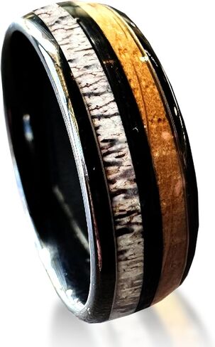 BW James Jewelers "The Daniel Boone 8mm Kentucky Straight Bourbon Whiskey Wooden Barrel Black Ceramic Ring With Antler - Handcrafted Men's Wedding Bands & Promise Rings Sizes 7-16 in Saudi Arabia
